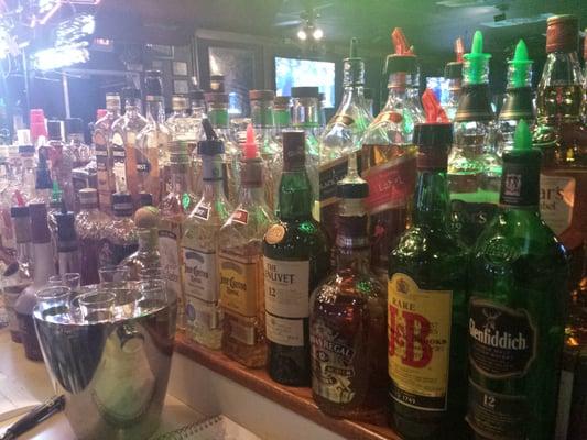 Great whisky and scotch  selection for a sports bar and lounge.