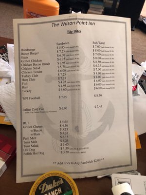 Wilson Point Inn  Menu