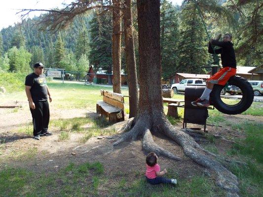 Tire swing right by the horse shoes.