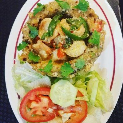 Mofongo with shrimps with garlic sauce