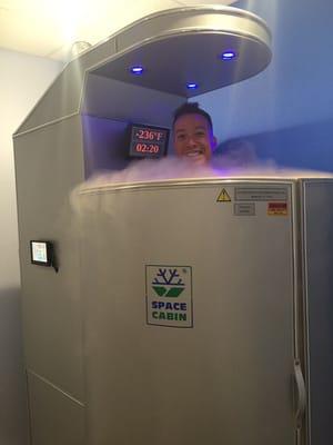 Our client in the Whole Body Cryo chamber. Enjoying a quick 3 minute recovery, rejuvenating, and energizing session.