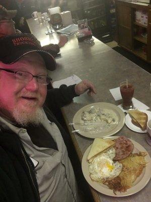 Checked in here for breakfast Pat was a great server/bartender biscuits and gravy were free with a drink hey it's what we do check 1-2