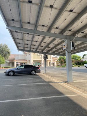 Parking and worship center in the background.