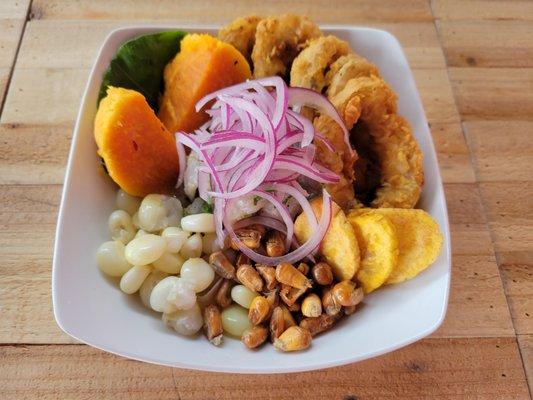 Ceviche Carretillero -  Traditional Ceviche with fried Calamari.