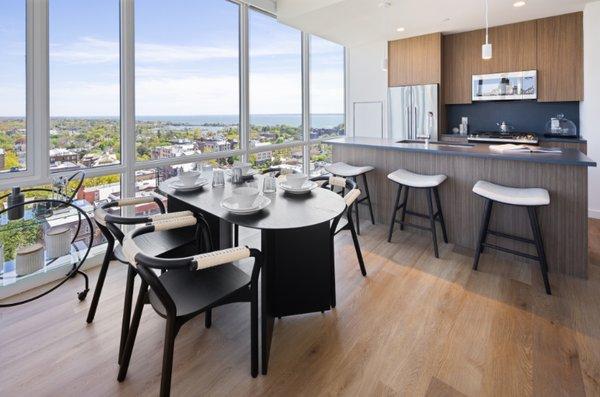 Modern kitchen design with a view of the Long Island Sound.