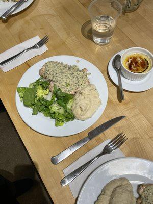 Finished product. Chicken with mustard cream sauce. Brown butter mashed potatoes, salad with red wine vinaigrette and crème brulee