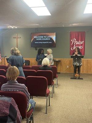 9am Church Service at Living Hope Church.  Right next door to Sweet Kneads Bakery.  On the corner in Downtown Farmington.