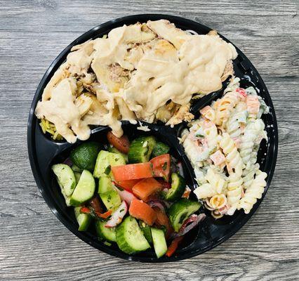 Chicken Shawarma, pasta salad and cucumber salad