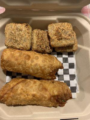 Fried tofu and mac and cheese egg rolls