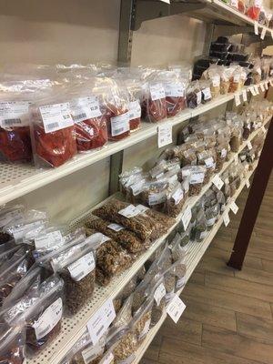 Bags and bags of nuts, dried fruit, and other goodies