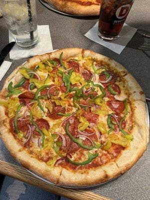 Pepperoni, Banana Peppers, Green Bell Peppers, Red Onions