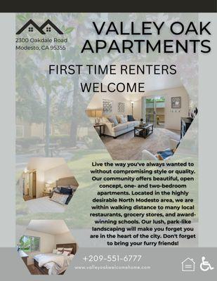 * First Time Renters Welcome 
* Valley Oak Apartments is more than a community, we are a Lifestyle!