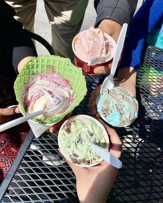 From left, clockwise: Berry Berry Berry Good, Strawberry Banana Rendezvous, Lucky Charms & Mint Mint Chocolate Chip