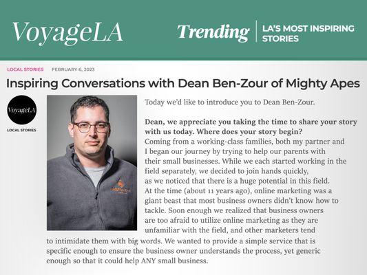 View the full article on VoyageLA: https://voyagela.com/interview/inspiring-conversations-with-dean-ben-zour-of-mighty-apes/