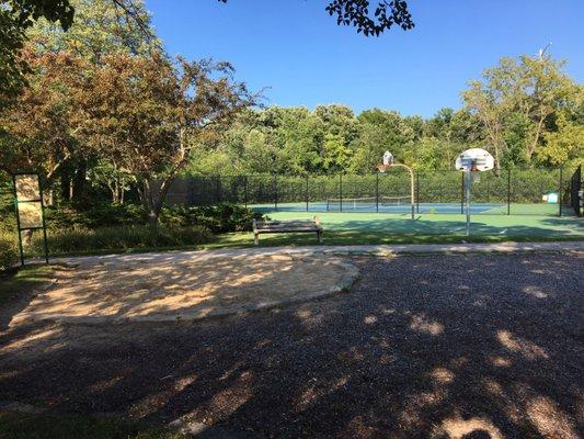 Sandbox, bball, and tennis courts