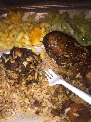 Brown stewed chicken, Mac n cheese and steamed cabbage.