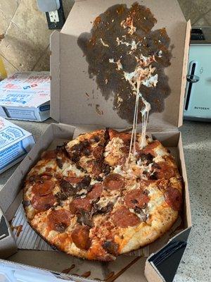 This place just goes down hill. Pizza lately has been just thrown together, and now they are coming smashed in the box. Booooo dominos.