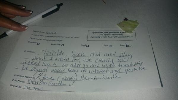 Comment card given out by dj