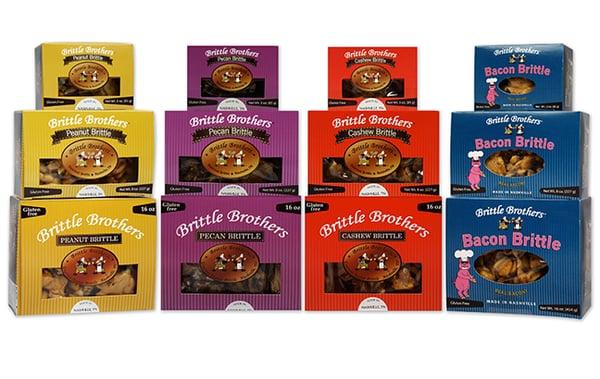 Brittle Brothers Box Collection
 3oz, 8oz and 16oz sizes
 Peanut, Cashew, Pecan and Bacon flavors