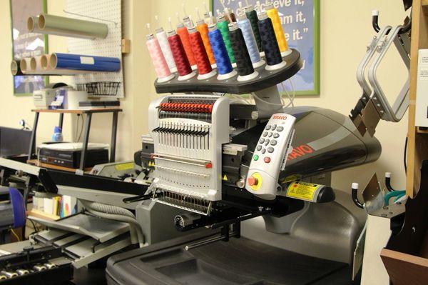 Our 16-needle embroidery machine can create elegant and professional designs on all types of apparel and promotional products.