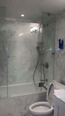 Frameless Shower Enclosure with Chrome Accents