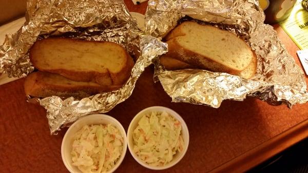 Garlic bread and Cole slaw, yummy. Garlic bread had very subtle garlic taste