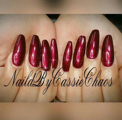 Metallic red gel on extra long coffin nails