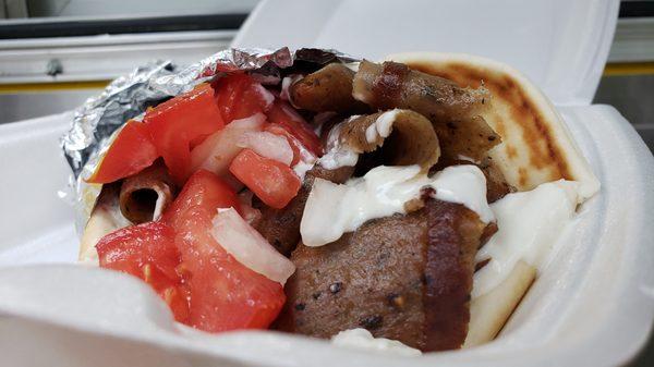 Traditional Greek Gyro Sandwich: Gyro Meat, Onion, Tomato & Tzatziki