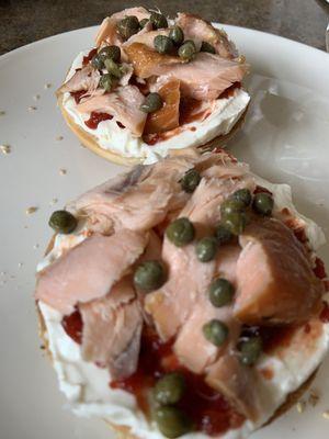 Fish Brothers smoked salmon on locally-made raspberry habanero jelly and cream cheese on toasted sesame bagel