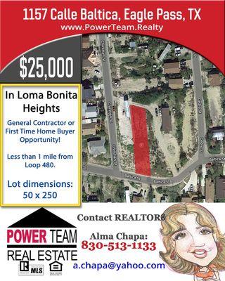 Wow ! Check this out! Large lot for only $25,000
 For more information call Alma Chapa, REALTOR ® 
Call  830-513-1133