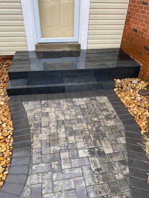 Finished Front Porch Veneer and Patio Paver Walkway