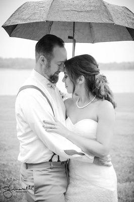 Black and white rainy wedding photography