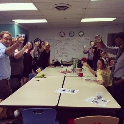 The staff toasting after publishing the latest BOOM issue.