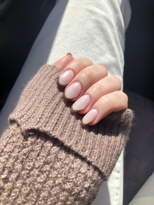 My most recent nails and i'm OBSESSED; brown french tips with almond shape done by Helen (dip powder)