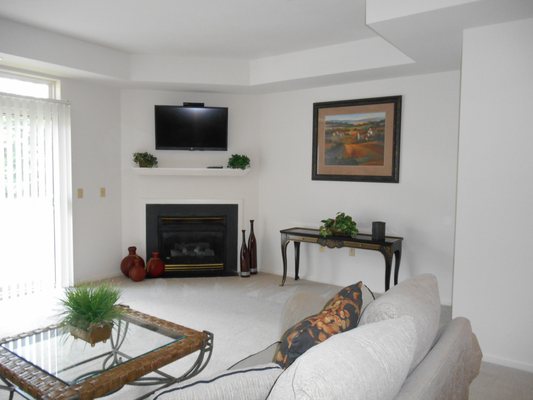 Spacious living room with gas fireplace