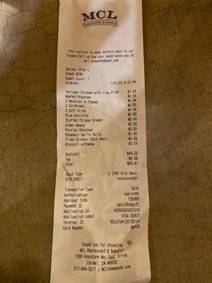 $53.41 for three people. Each of us got a single entree, two sides, a bread, and a drink. Nothing else.