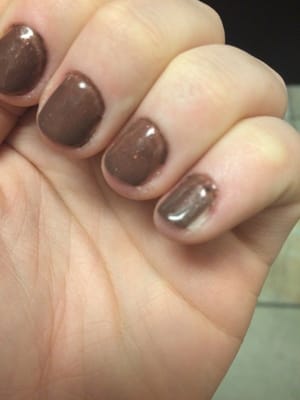 This is what it looks like when a salon thins out their gel polish. Don't be cheap, give your customers what they paid for.