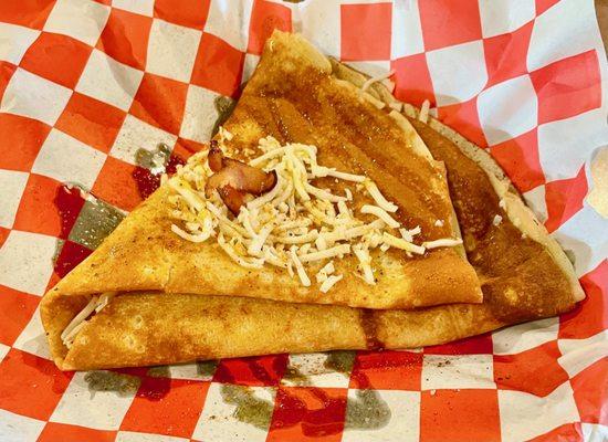 Delicious crepe with bacon and cheddar cheese!