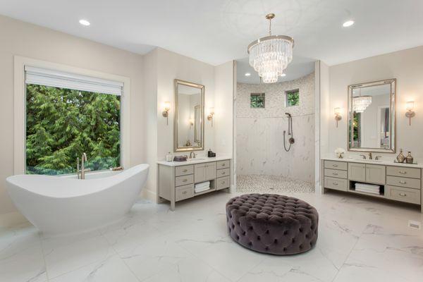 Luxury Master Bath
 Freestanding Tub, Curbless Shower, Custom His and Her Vanities