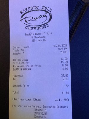 Receipt with ridiculous pricing and laughable "noncash" charge.