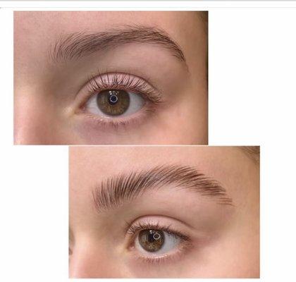 Brow lamination was used to create a fluffy brow.