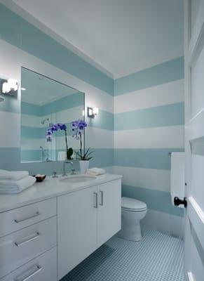 Soft color and clean lines. High end guest bathroom by Dijeau Poage Construction