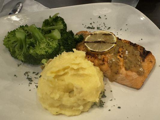 Salmon, mashed potatoes, broccoli