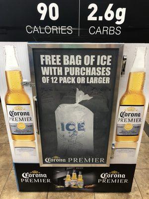 Any purchase of a 12 pack or larger and you receive and free bad of ice !