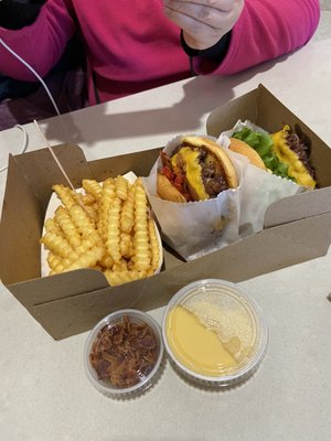 Burgers with bacon cheese fries