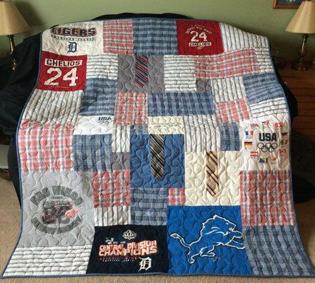 A Memory quilt made with my client's Dad's clothes and ties