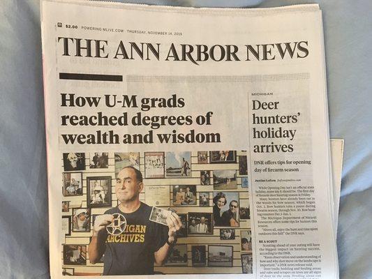 Front page of the Nov 14, 2019 Ann Arbor News.