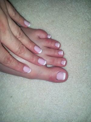 Matching hand and feet gel/shellac with French tip.