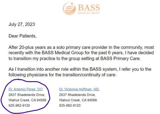 Telling patients he's not their doctor any more and we should try this Perez guy. Yeah. Right. I defy anyone to get this guy on the phone.