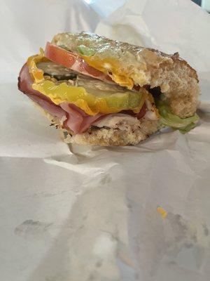 Half #8 Turkey & Ham -- sub cheddar for provolone and minus onions add banana peppers